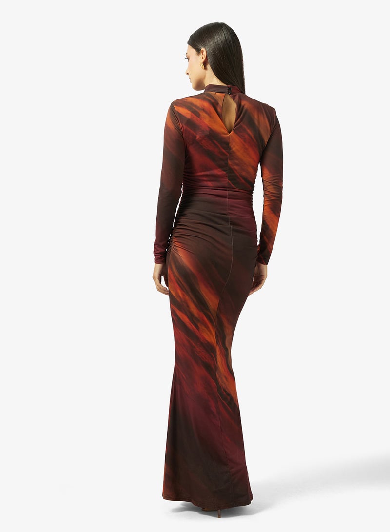 TFNC Printed Shoulder Cutout Neck Tie Long Sleeve Maxi Dress - Image 2